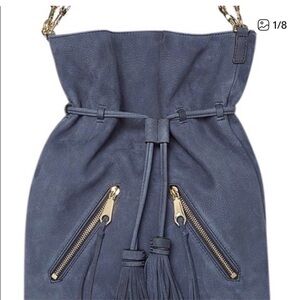 Rebecca Minkoff Blue Leather Drawstring Bag with Gold Accents